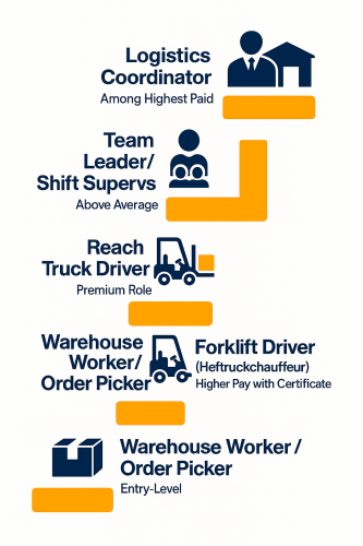 Career progression infographic for logistics and warehouse jobs showing roles from entry-level order picker to logistics coordinator.