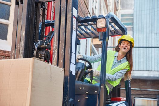 Young,Woman,In,Logistics.,Training,To,Forklift,Driver,On,The